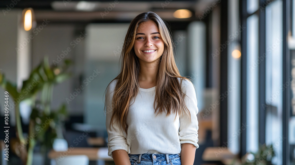Image of a cheerful young businesswoman standing in a contemporary office, symbolizing success and innovation in the business world Image of a cheerful young businesswoman standing in a contemporary office, symbolizing success and innovation in the business world