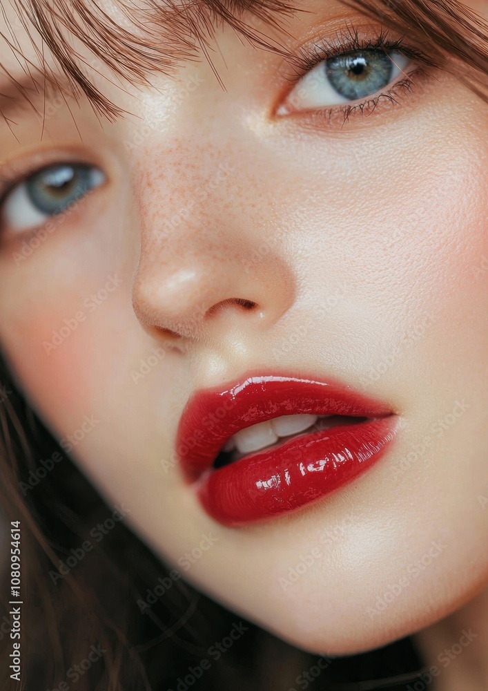 Fototapeta premium A woman with red lipstick and blue eyes