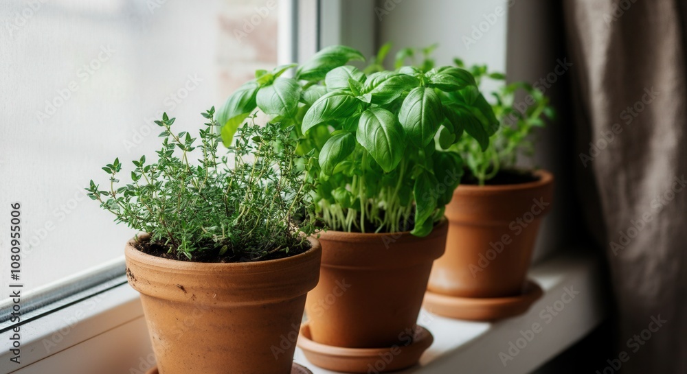 Fresh basil thyme herb pots on windowsill Fresh basil thyme herb pots on windowsill