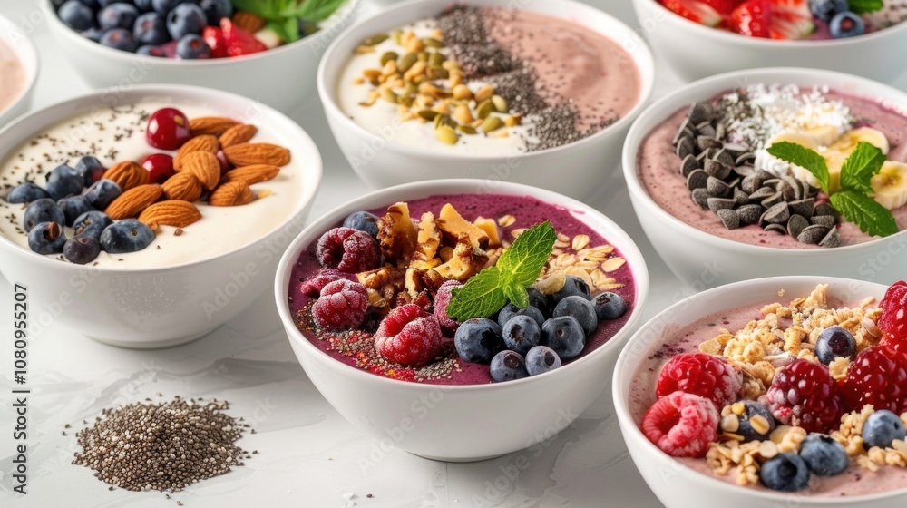 A variety of smoothie bowls topped with fresh berries nuts and superfood powders providing a nutritious and energizing start to the day. A variety of smoothie bowls topped with fresh berries nuts and superfood powders providing a nutritious and energizing start to the day.