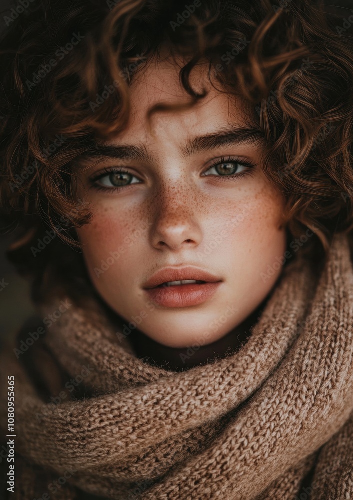 A woman with brown hair and green eyes is wearing a scarf A woman with brown hair and green eyes is wearing a scarf