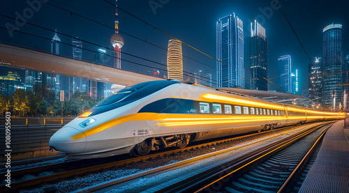 Wallpaper Mural A high-speed train speeds through the city at night, illuminated by the lights of the skyscrapers Torontodigital.ca