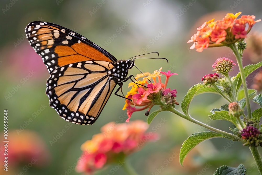Obraz premium Close-up of a Beautiful Butterfly Sipping Nectar from a Vibrant Flower, beauty, macro photography