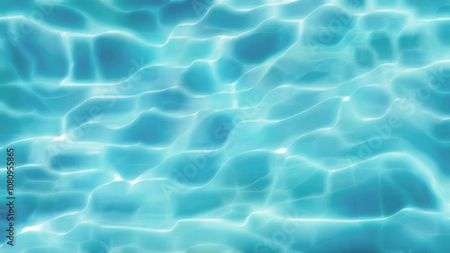 Blue waves water surface surface texture, Cyan color background blurred and shiny reflection patterns, calm with water mist and bubbles.