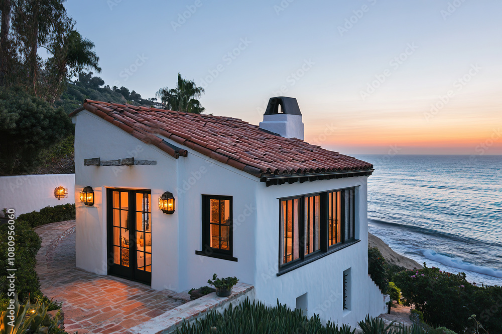 A small white Spanish colonial house with a red roof, overlooking the ...