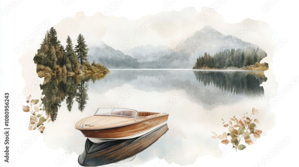 Serene mountain lake scene with wooden boat and misty forest reflections Serene mountain lake scene with wooden boat and misty forest reflections