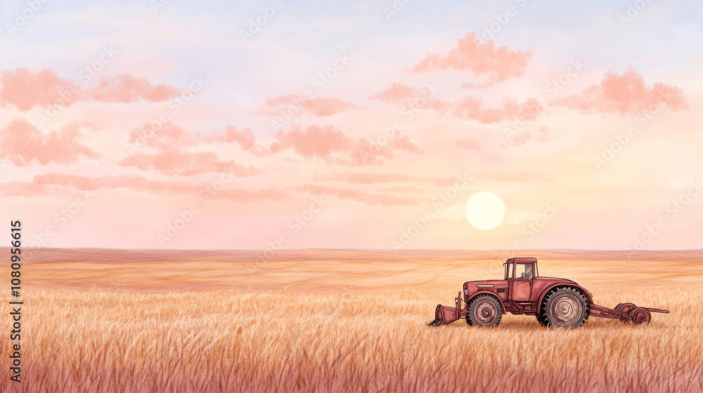Fototapeta premium Vintage tractor at sunset harvesting golden wheat in expansive field
