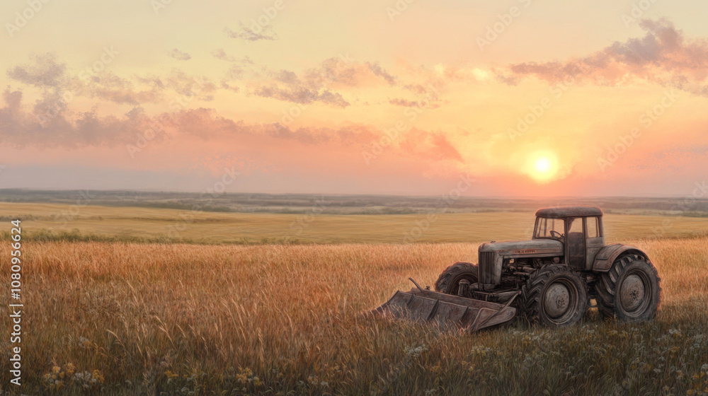 Fototapeta premium Vintage tractor in golden wheat field at sunset