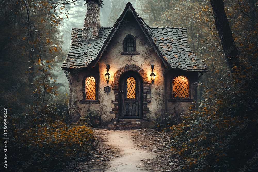 Obraz premium Mystical old house stands in a gloomy forest, illuminated by lanterns and surrounded by mist