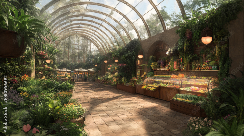 Lush greenhouse market with fresh produce and vibrant floral displays Lush greenhouse market with fresh produce and vibrant floral displays