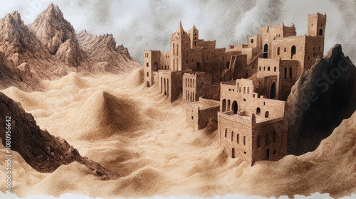 Ancient desert cityscape amidst sand dunes and mountains