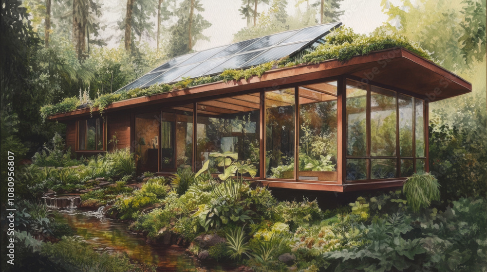 Sustainable forest retreat with solar roof and lush greenery in a serene natural setting Sustainable forest retreat with solar roof and lush greenery in a serene natural setting