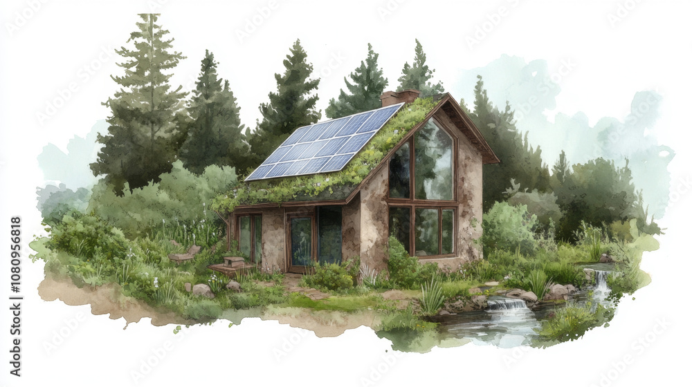 Sustainable eco home with solar panels in lush forest setting Sustainable eco home with solar panels in lush forest setting