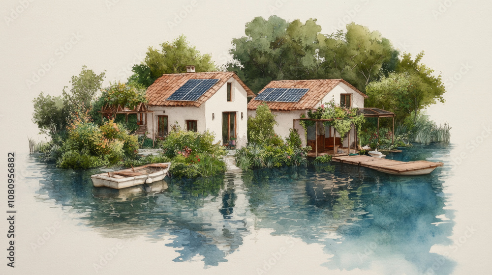 Fototapeta premium Serene lakeside cottage with lush garden and solar panels