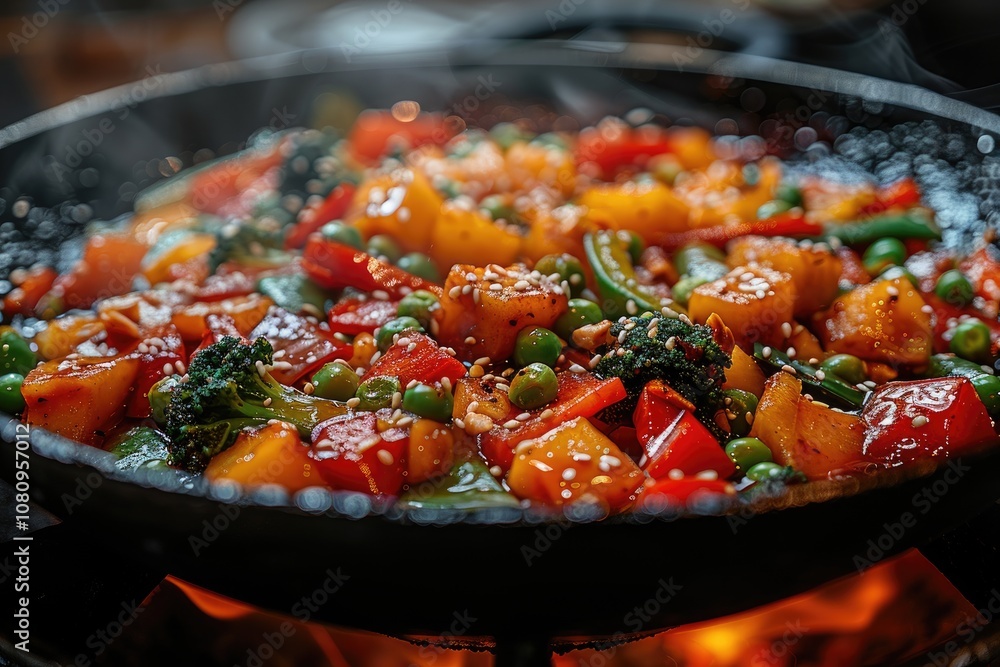 Steaming Wok of Colorful Vegetables with Sesame Seeds Steaming Wok of Colorful Vegetables with Sesame Seeds
