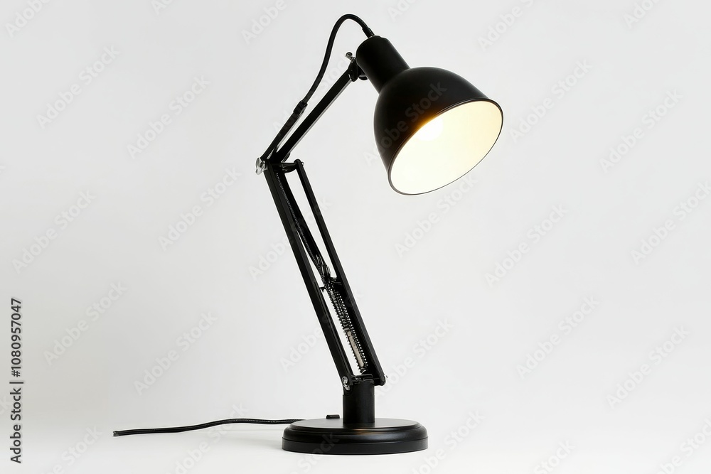Black desk lamp with white shade on. Black desk lamp with white shade on.