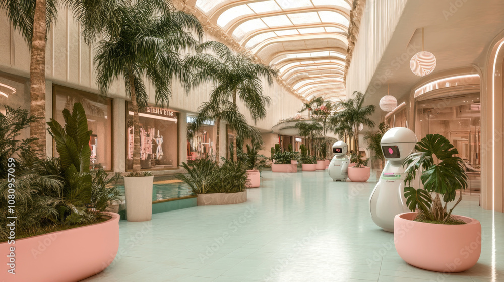 Fototapeta premium Futuristic indoor mall with robots and lush greenery