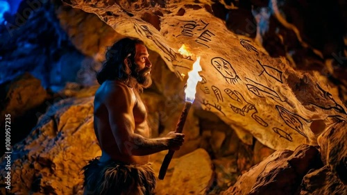 Primeval Caveman Wearing Animal Skin Exploring Cave At Night, Holding Torch with Fire Looking at Drawings on the Walls at Night. Cave Art with Petroglyphs, Rock Paintings. Side View See Less
By Gorode photo