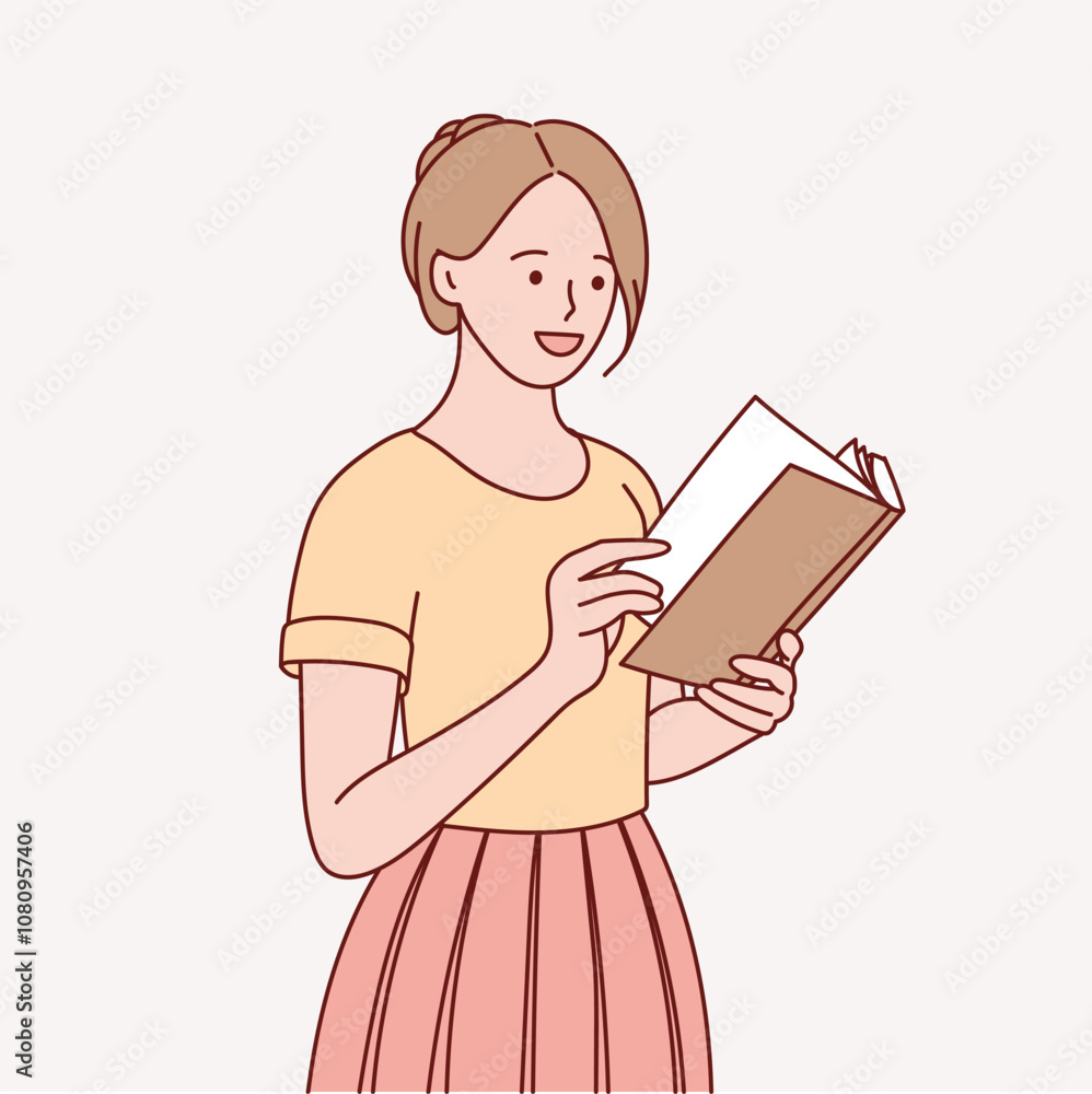 The girl is holding a book. Female student studying and preparing for exams. Hand drawn illustration.