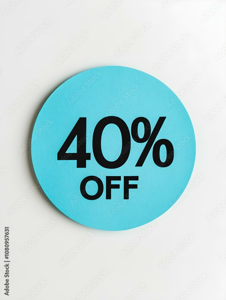 Black '40% OFF' Text on a Cyan Round Paper Note. White Background Black '40% OFF' Text on a Cyan Round Paper Note. White Background
