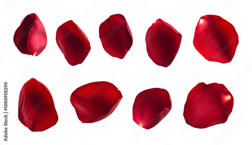 Set of red rose flower petals on a transparent background. isolated background. Set of red rose flower petals on a transparent background. isolated background.