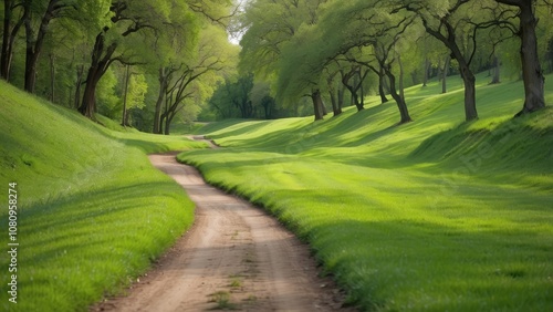 Grass green curving road outdoors nature trail