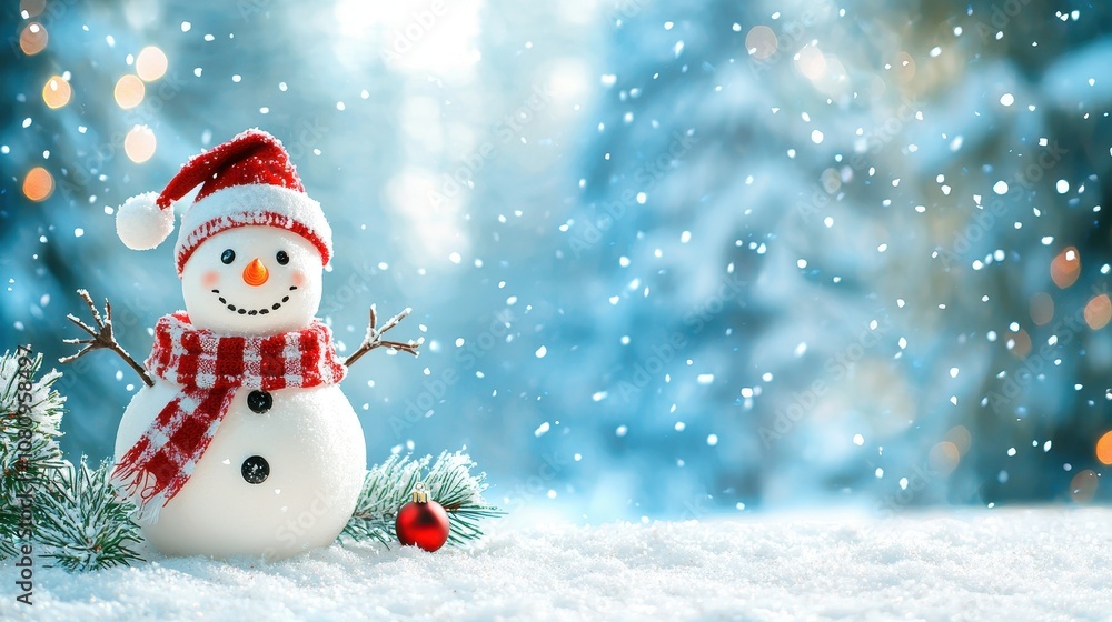 Merry Christmas and Happy New Year greeting card with copy-space, featuring a happy snowman standing in a Christmas landscape with a snow background and winter fairytale theme. Merry Christmas and Happy New Year greeting card with copy-space, featuring a happy snowman standing in a Christmas landscape with a snow background and winter fairytale theme.
