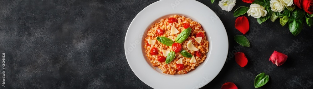 A beautiful plate of pizza topped with fresh tomatoes and basil, surrounded by rose petals on a dark background. A beautiful plate of pizza topped with fresh tomatoes and basil, surrounded by rose petals on a dark background.