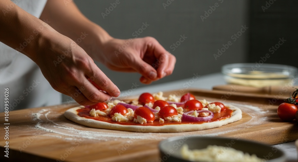 Handcrafted pizza preparation with fresh tomatoes cheese Handcrafted pizza preparation with fresh tomatoes cheese