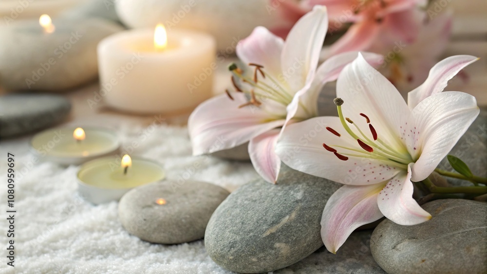 Close-up of Lily Massage Stones with Soft Lighting, close-up photography, relaxing ambiance Close-up of Lily Massage Stones with Soft Lighting, close-up photography, relaxing ambiance