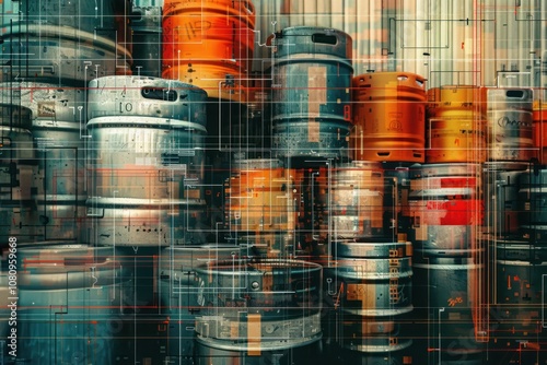 Stack of metal kegs with a digital overlay pattern.