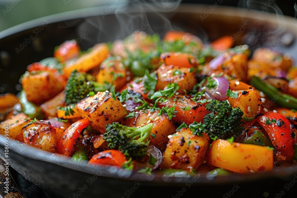 Steaming Pan of Roasted Vegetables with Sesame Seeds and Herbs Steaming Pan of Roasted Vegetables with Sesame Seeds and Herbs
