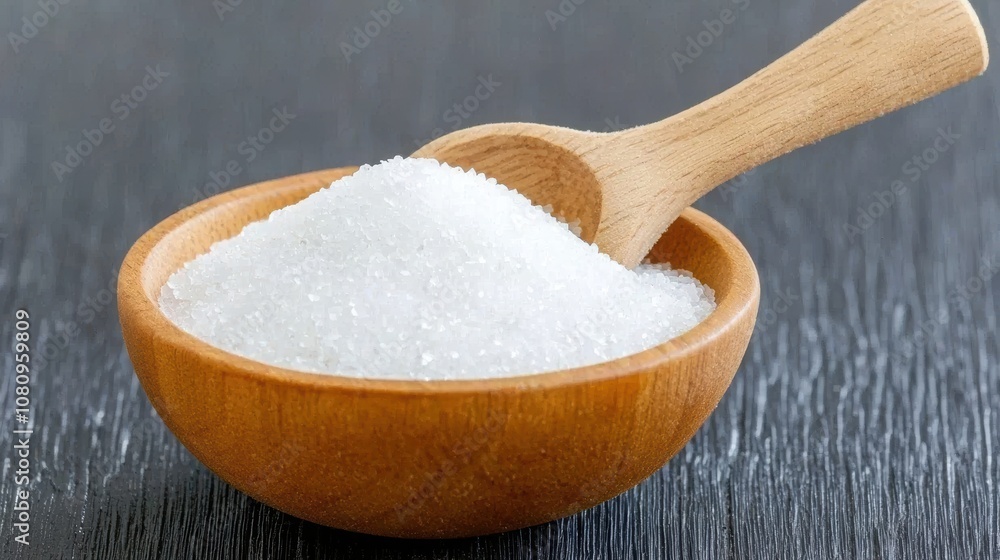 Natural sugar in a wooden bowl with a scoop for easy serving. Natural sugar in a wooden bowl with a scoop for easy serving.
