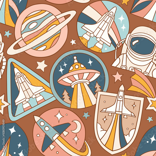 Seamless vector pattern with vintage space patches. Hand drawn retro spacecraft badges. Perfect for textile, wallpaper or nursery print design. EPS10 vector file.