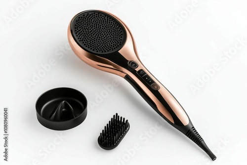 Rose gold hair dryer with attachments. photo