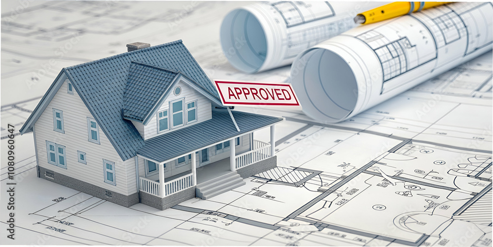 A model house sits on architectural blueprints, showcasing a sign reading A model house sits on architectural blueprints, showcasing a sign reading