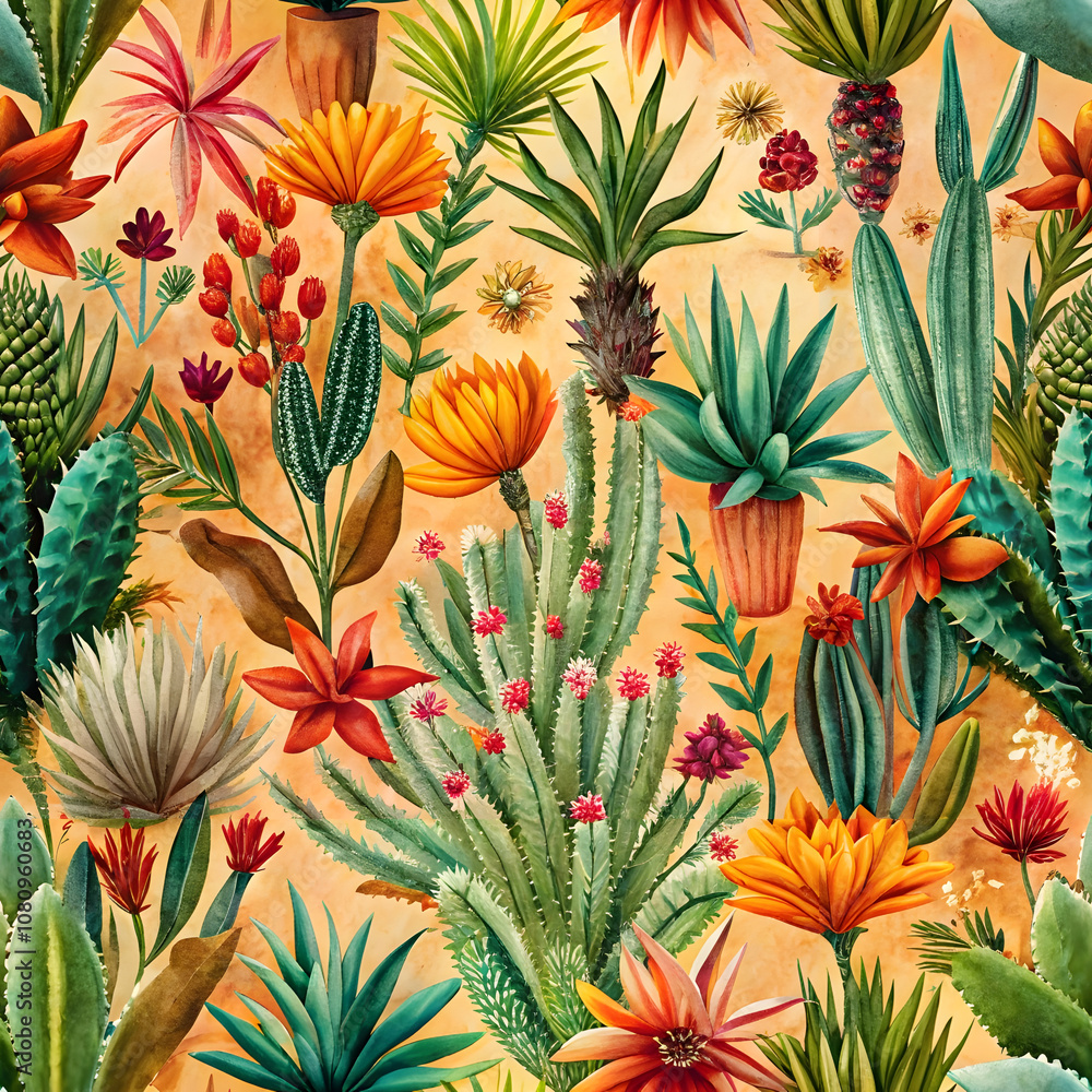 Naklejka premium Desert Plants with Vibrant Flowers Pattern. Perfect for: Summer festivals, outdoor markets