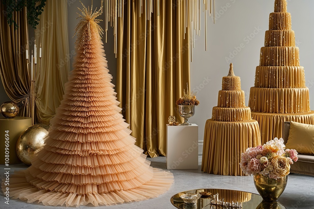 Opaque Gold Tulle Fabric Stacked Layers with Flowing Satin and Vibrant Patterns