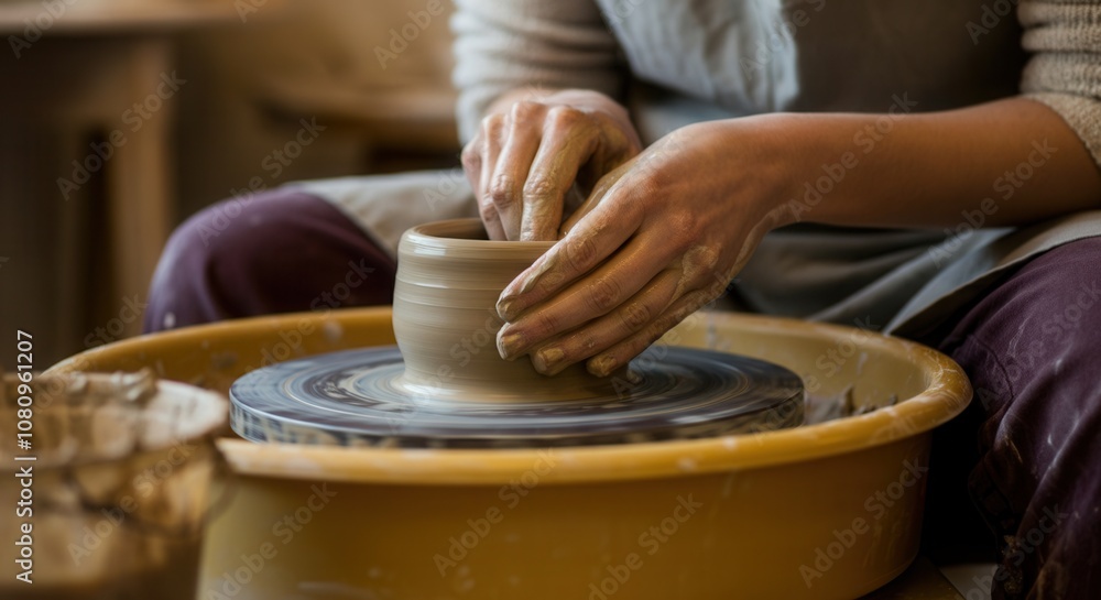 Fototapeta premium Artisan creating pottery on wheel in workshop
