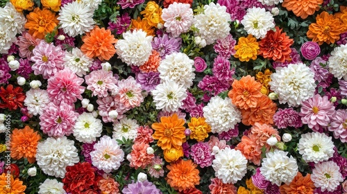 Flowers wall background with vibrant red, orange, pink, purple, green, and white chrysanthemums for wedding decoration.