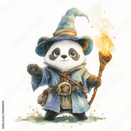 Magic panda, cute cartoon style, white background, character portrait, fantasy style