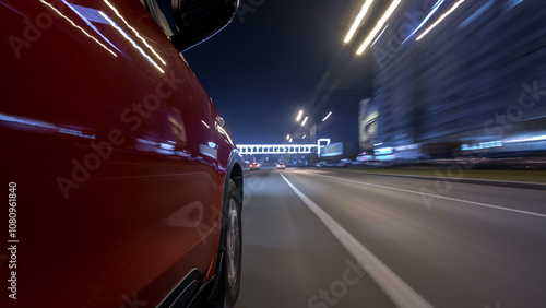 Drivelapse urban look from fast driving car at a night avenue in a city timelapse hyperlapse