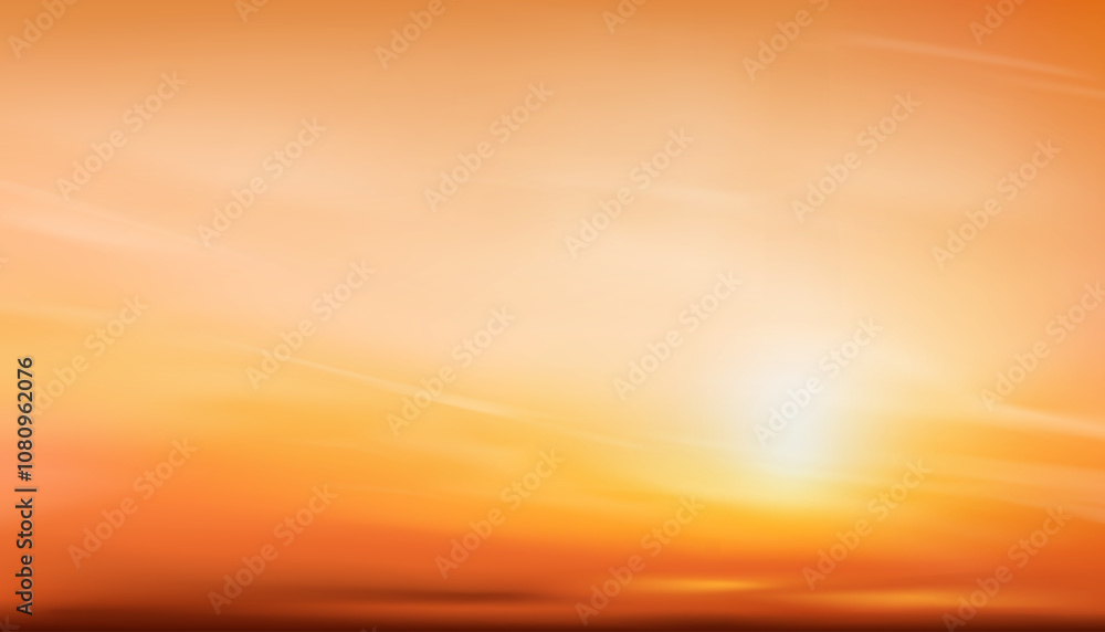 Fototapeta premium Sunset Sky,Cloud background.Autumn with orange,yellow sky sunrise over beach,Vector Nature Winter sunlight in evening,Banner cartoon landscape sunny day in summer by the sea