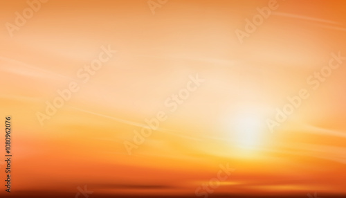Sunset Sky,Cloud background.Autumn with orange,yellow sky sunrise over beach,Vector Nature Winter sunlight in evening,Banner cartoon landscape sunny day in summer by the sea