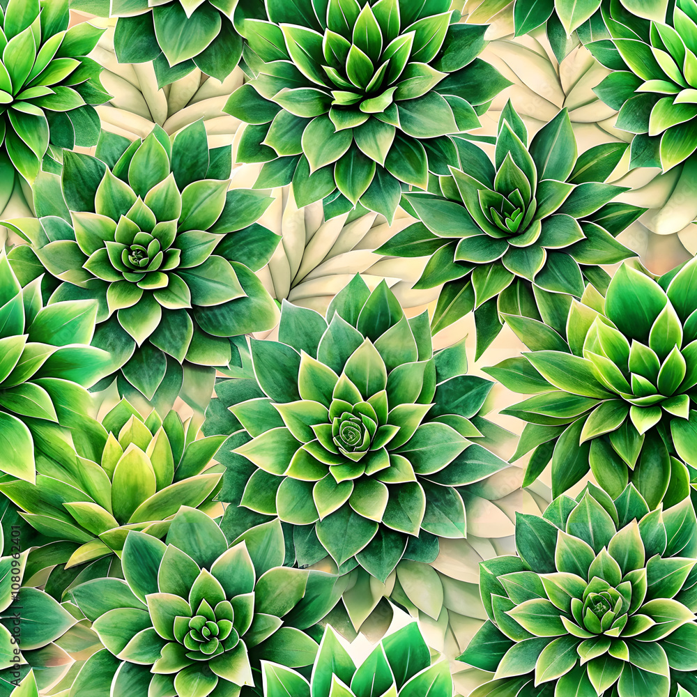 Fototapeta premium Green Succulent Leaves Seamless Design. Perfect for: Garden shows, eco-friendly events