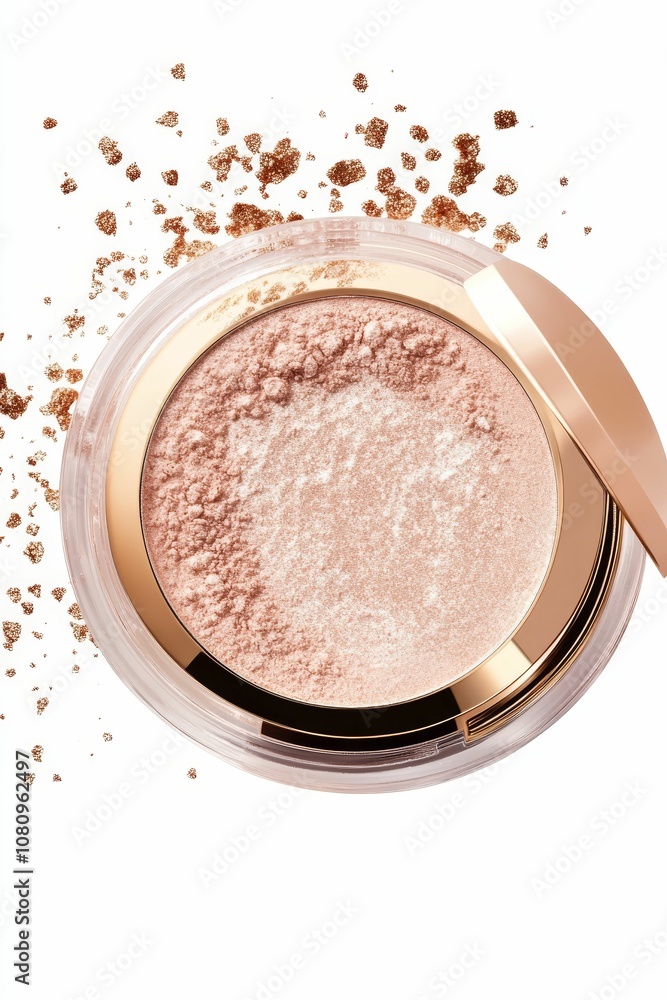 Round, gold compact with pink powder. Round, gold compact with pink powder.