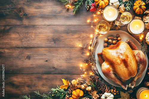 Background with golden-brown roasted Thanksgiving turkey on a rustic wooden table with autumn decor and candles. Top view. Spase for text.