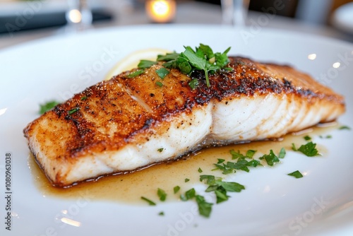 A beautifully seared salmon filet, perfectly cooked, lies on a plate garnished with a light sauce and fresh herbs, offering a mouthwatering gourmet dining experience. photo