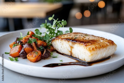 An appetizing grilled fish piece sits enticingly on a clean white plate, paired with a colorful assortment of roasted vegetables and a drizzle of balsamic reduction. photo