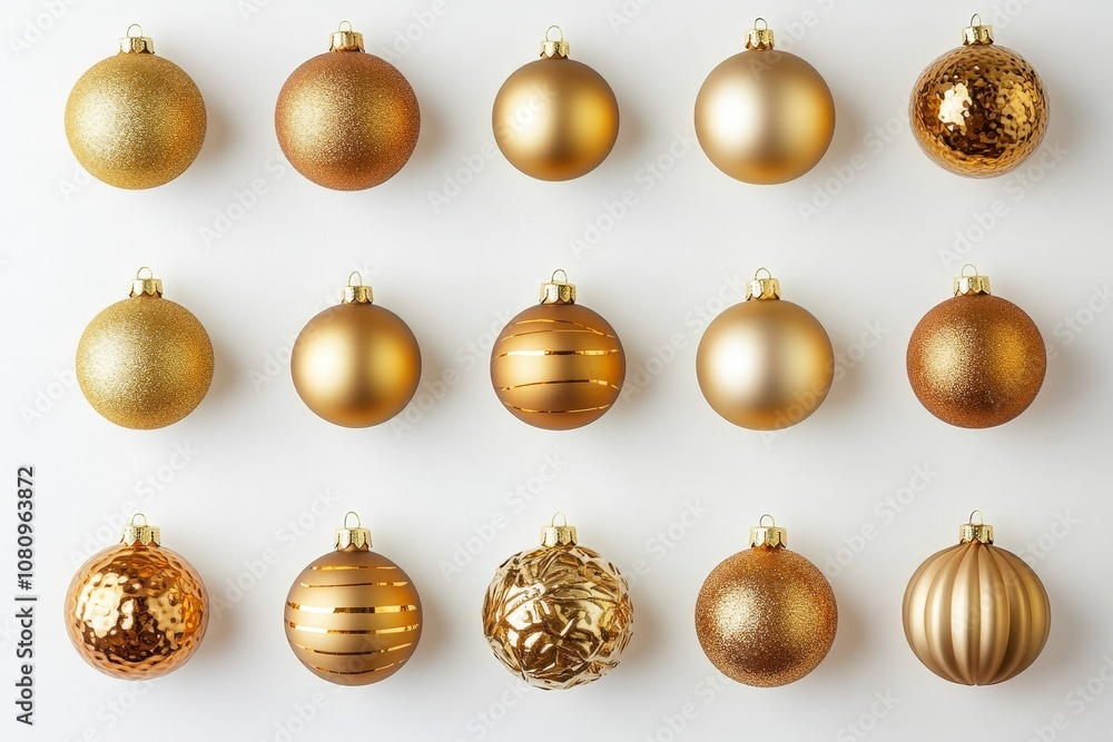 A stunning array of golden ornaments displayed elegantly on a light background, perfect for festive celebrations and holiday cheer A stunning array of golden ornaments displayed elegantly on a light background, perfect for festive celebrations and holiday cheer